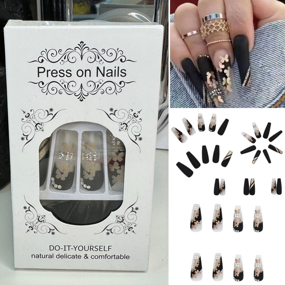 Black & Gold Press On Nails Butterfly and Rhinestones